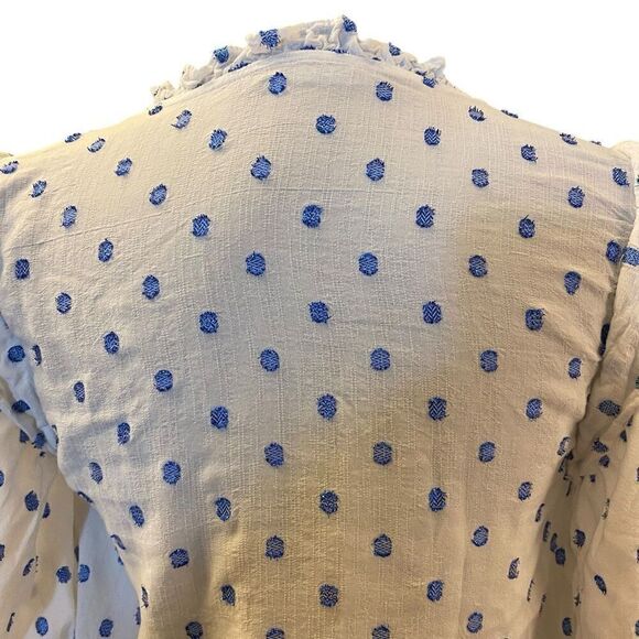 Zara White and Blue Metallic Polkadot Long Sleeve Button Down Top Sz M - Picture 8 of 13